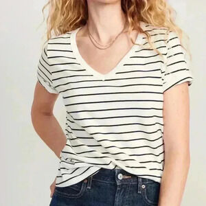GAP Black and White Striped V-Neck Tee Shirt - Size women’s large